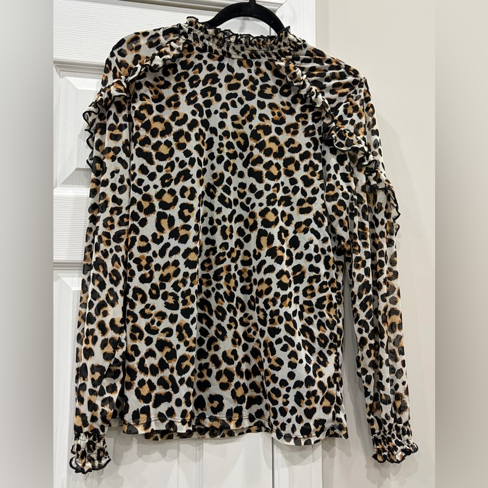 Leopard Print Ruffle Sleeve Blouse - Neutral Tones Lined